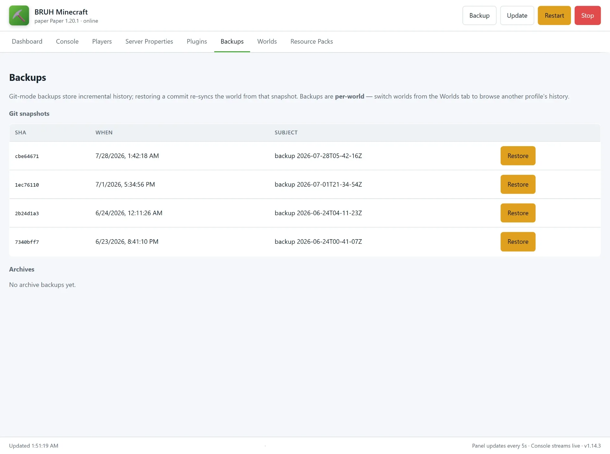 The panel's Backups tab: a list of git snapshots with SHA, date, and subject, each with a one-click Restore button