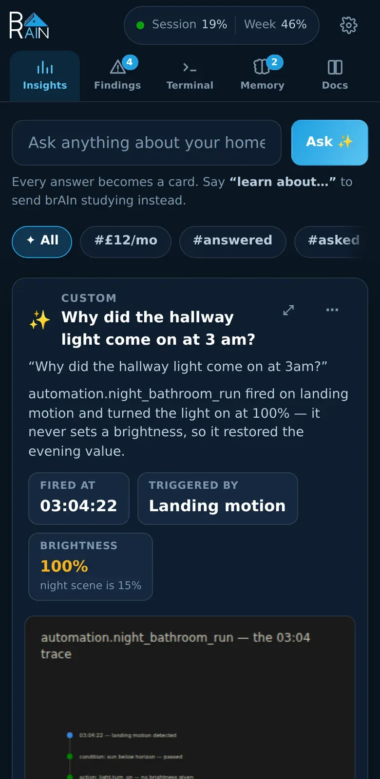 The brAIn panel on a phone, showing the two-row top bar with all five tabs named beneath the status row