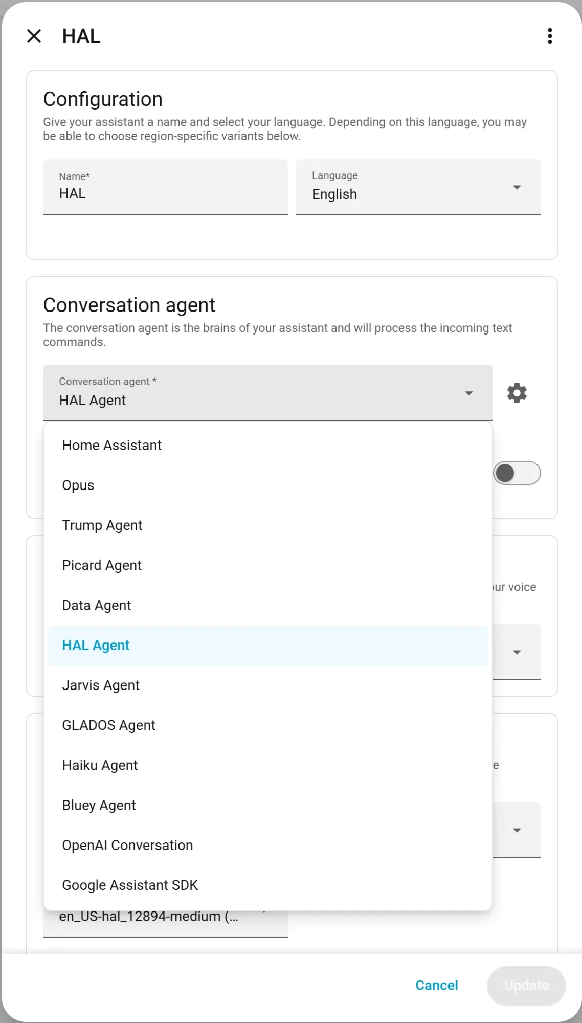 A voice assistant in Home Assistant with the conversation-agent picker open, showing custom brAIn personalities — Opus, Picard, Data, HAL, Jarvis, GLADOS, Haiku and more